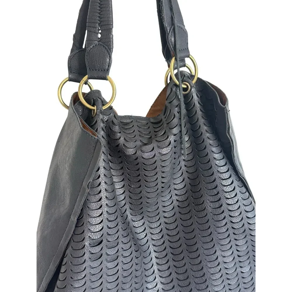 Anthropologie Black Textured Hobo Shoulder Bag Gold Ring Hardware
